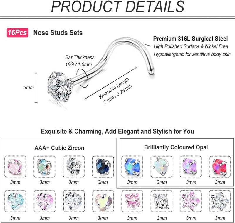 SEEDRILL Nose Rings Studs for Women 16Pcs 18g/20g Nose Studs Hypoallergenic 316L Surgical Steel Nose Piercings Jewelry 3mm CZ & Opal Nose Ring L Shape Nose Stud 20 Gauge Nose Screw Studs - Image 2